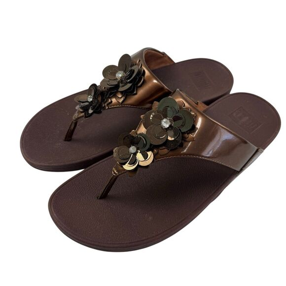FitFlop Lulu Flower Patent Bronze Brown Thong Flip Flops Sandals Size 9 Shoes - Picture 2 of 10